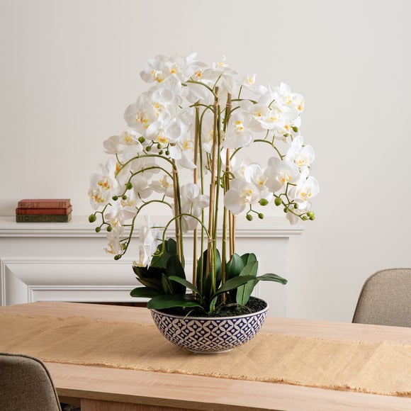 Artificial Orchid in Blue and White Plant Pot