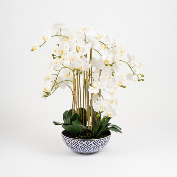 Artificial Orchid in Blue and White Plant Pot