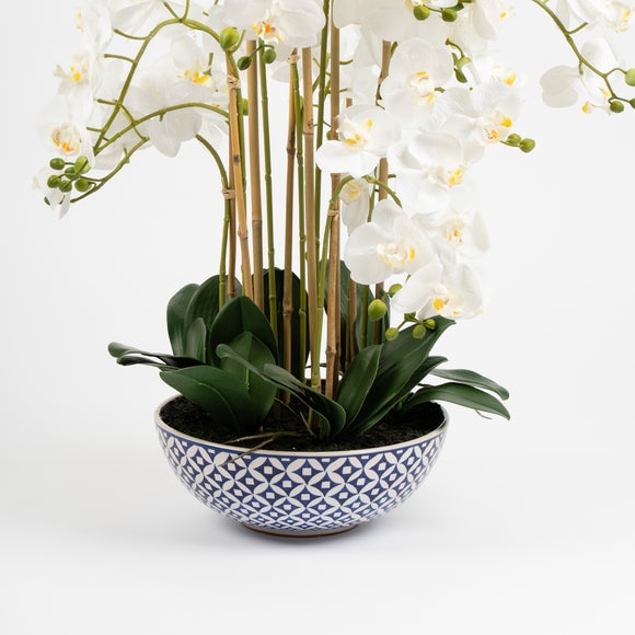 Artificial Orchid in Blue and White Plant Pot